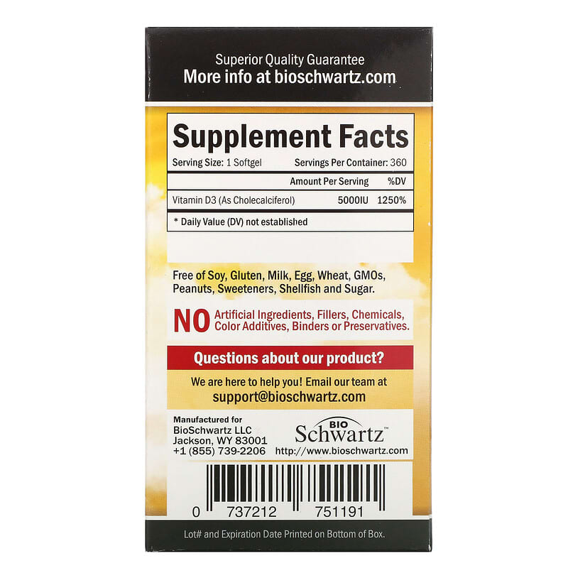 BioSchwartz, Vitamin D3, Superior Strength , 5,000 IU, 360 Softgels