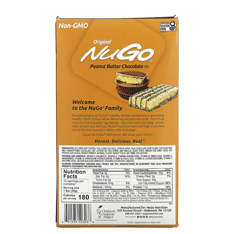 NuGo Nutrition, Original Peanut Butter Chocolate Bars, 15 Bars, 1.76 oz (50 g) Each