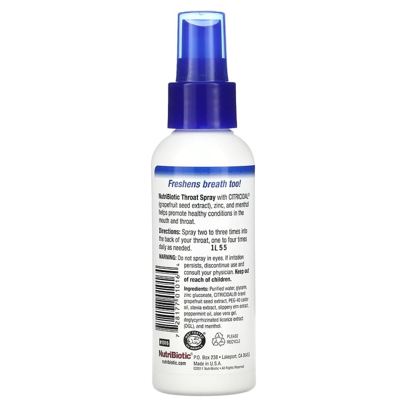 NutriBiotic, Throat Spray with Grapefruit Seed Extract plus Zinc & Menthol, 4 fl oz (118 ml)