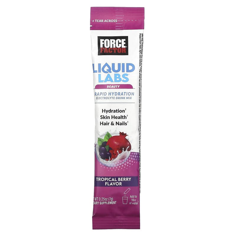 Force Factor, Liquid Labs Beauty, Rapid Hydration Electrolyte Drink Mix, Tropical Berry, 20 Stick Packs, 0.25 oz (7 g) Each