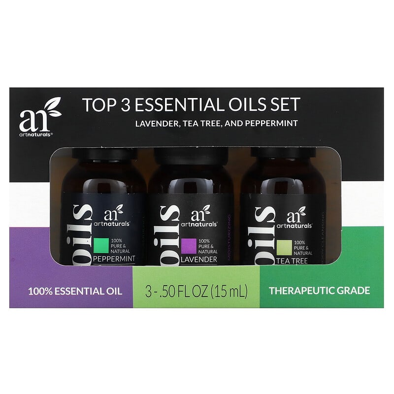 artnaturals, Top 3 Essential Oils Set, Lavender, Tea Tree, and Peppermint, 3 Piece Set, 0.50 fl oz (15 ml) Each