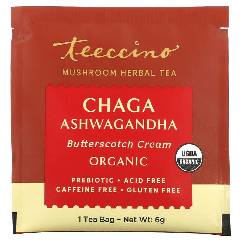 Teeccino, Mushroom Herbal Tea, Organic Chaga Ashwagandha, Caffeine Free, 10 Tea Bags, 2.12 oz (60 g)