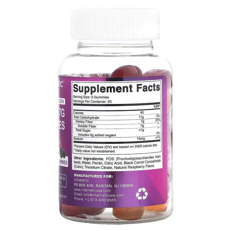 Vitamatic, Fiber Gummies, Extra Strength, Natural Blackberry, Peach, & Strawberry , 2.3 g , 60 Gummies