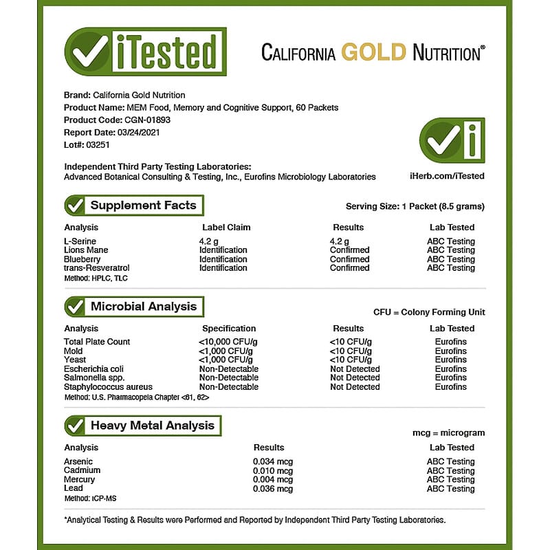 California Gold Nutrition, MEM Food, Memory & Cognitive Support, 60 Packets, 0.3 oz (8.5 g) Each