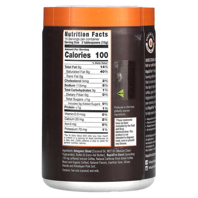 RAPIDFIRE, Keto Coffee, Hazelnut, Instant, Medium Roast, 7.93 oz (225 g)