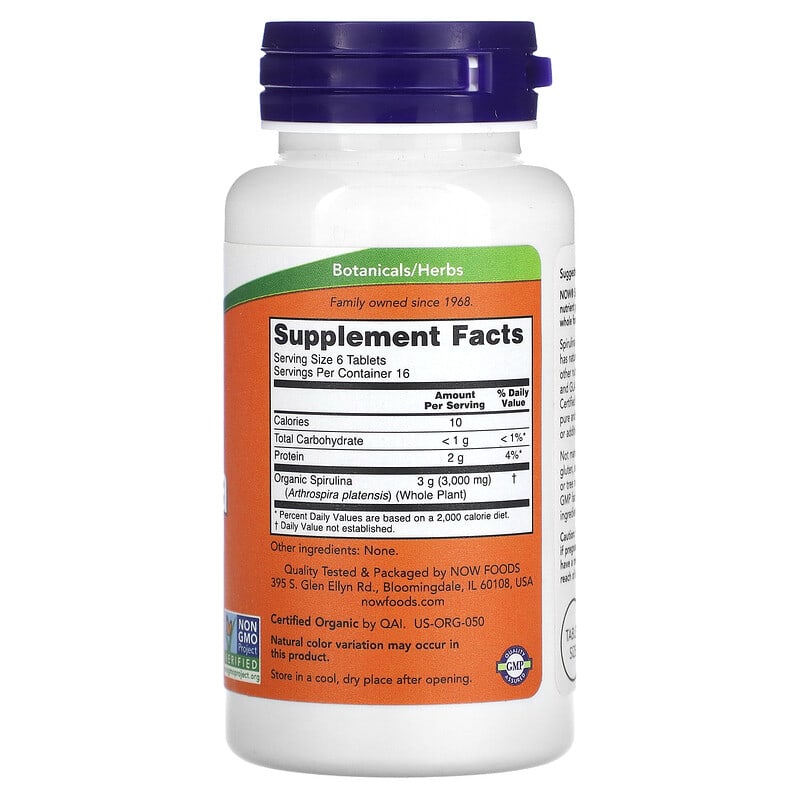 NOW Foods, Certified Organic Spirulina, 500 mg, 100 Tablets