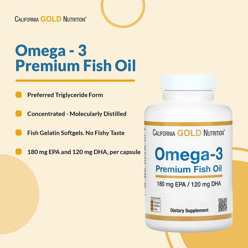 California Gold Nutrition, Omega-3 Premium Fish Oil, 180 EPA / 120 DHA, 100 Fish Gelatin Softgels