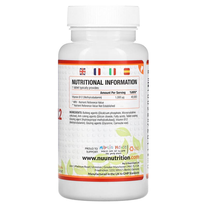 Nu U Nutrition, Vitamin B12, 1,000 &#xB5;g, 180 Vegetarian Tablets