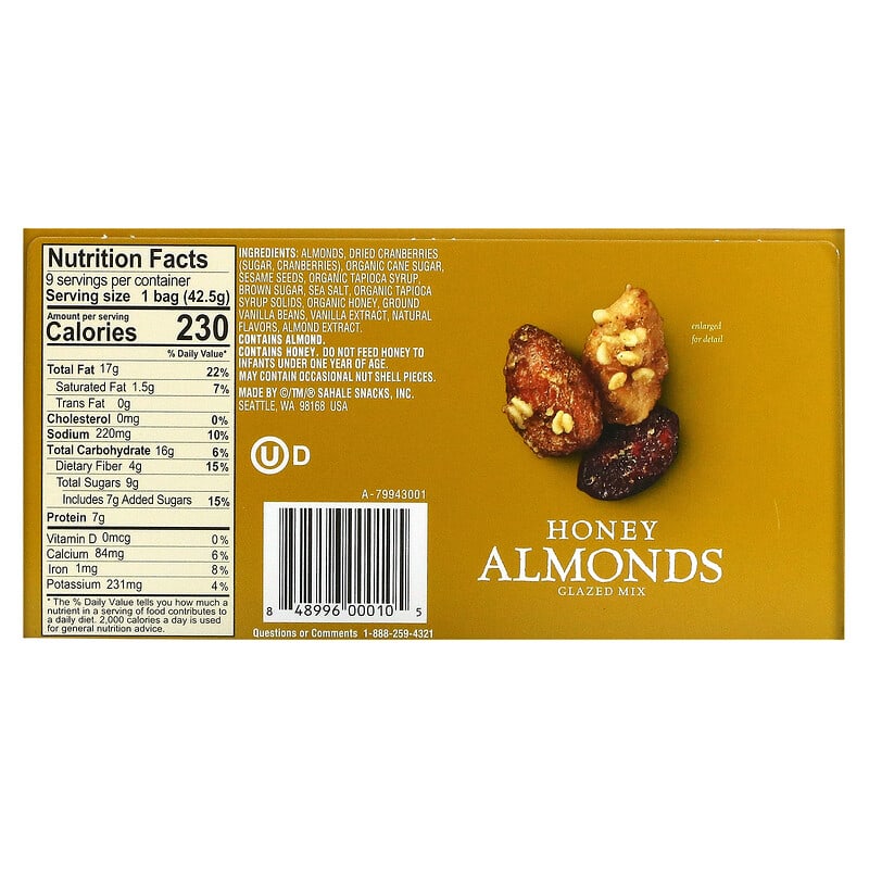 Sahale Snacks, Glazed Mix, Honey Almonds, 9 Packs, 1.5 oz (42.5 g) Each