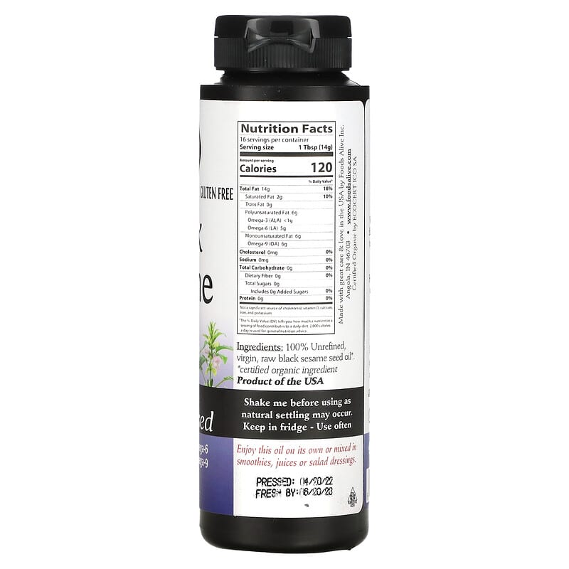 Foods Alive, Organic Black Sesame Oil, 8 fl oz (236 ml)