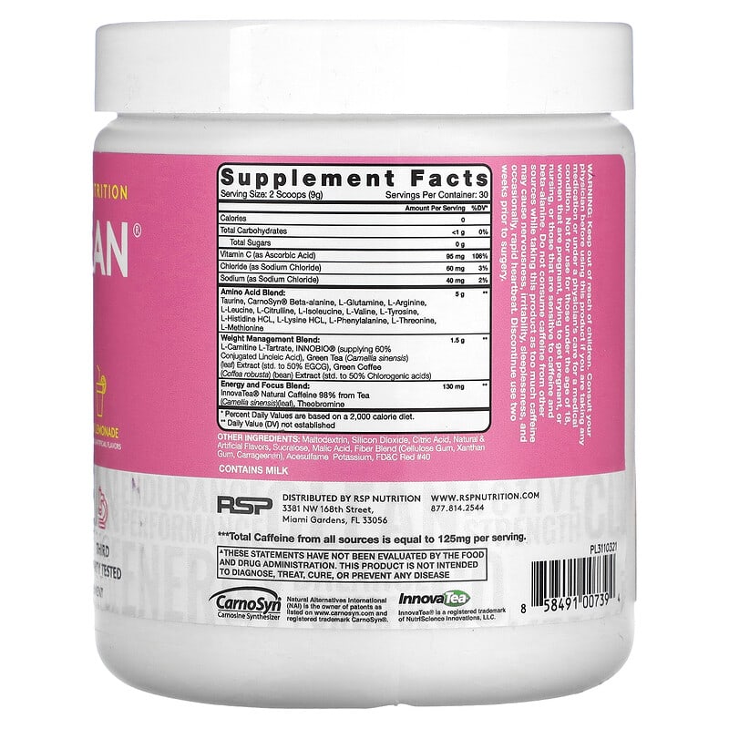 RSP Nutrition, AminoLean, Pink Lemonade, 9.52 oz (270 g)