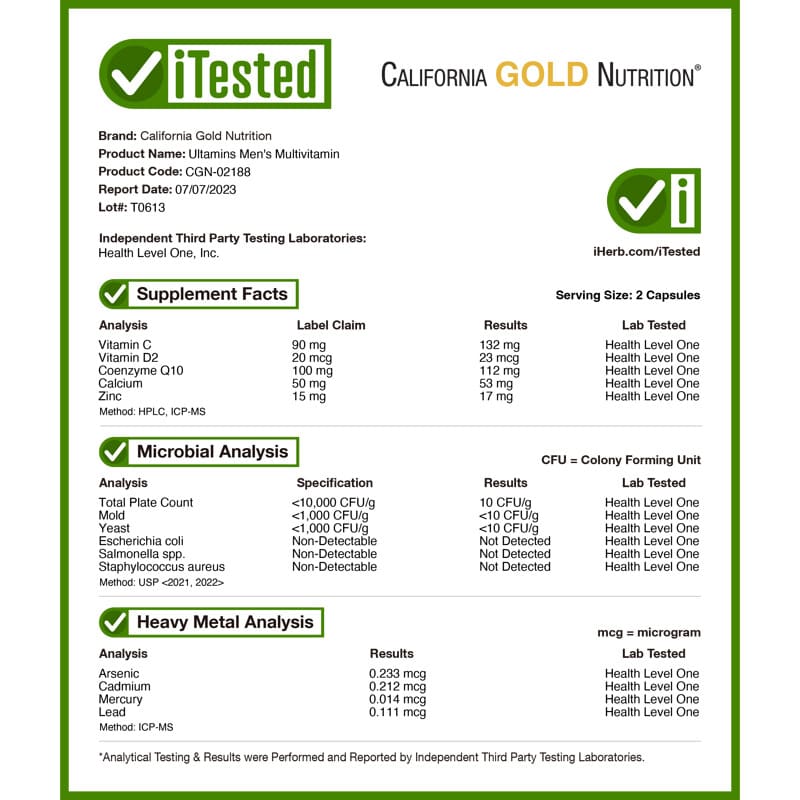 California Gold Nutrition, Ultamins Men's Multivitamin with CoQ10, Mushrooms, Enzymes, Veggies & Berries, 60 Veggie Capsules