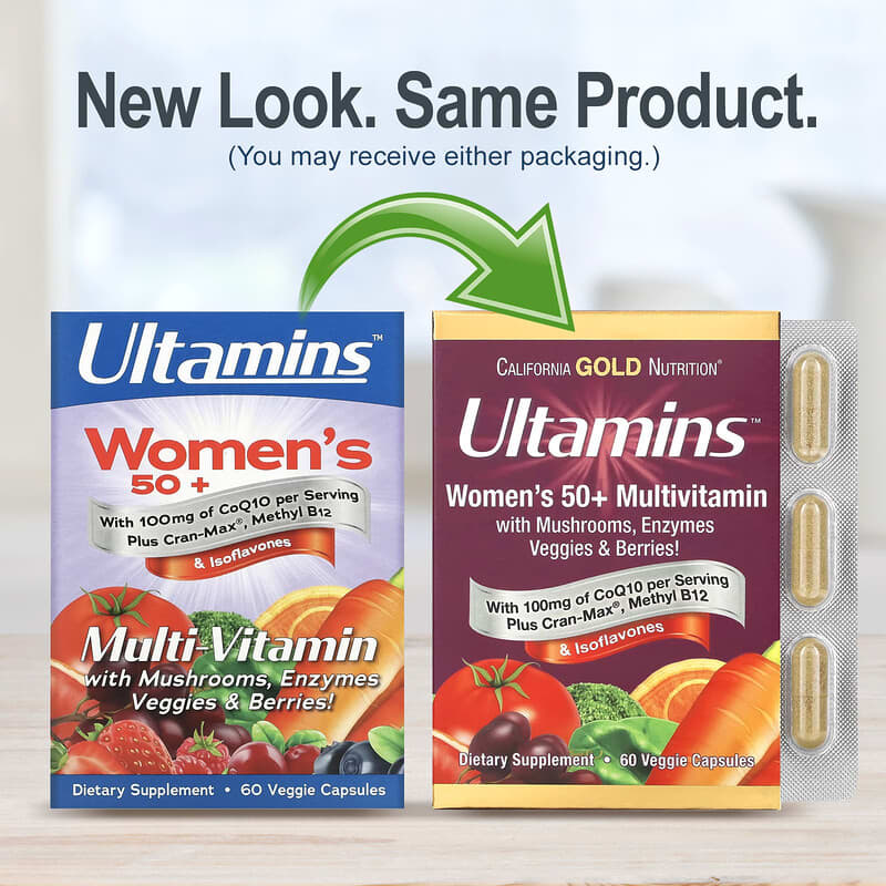 California Gold Nutrition, Ultamins Women's 50+ Multivitamin with CoQ10, Mushrooms, Enzymes, Veggies & Berries, 60 Veggie Capsules