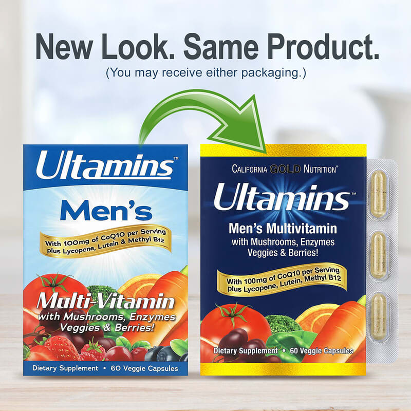 California Gold Nutrition, Ultamins Men's Multivitamin with CoQ10, Mushrooms, Enzymes, Veggies & Berries, 60 Veggie Capsules