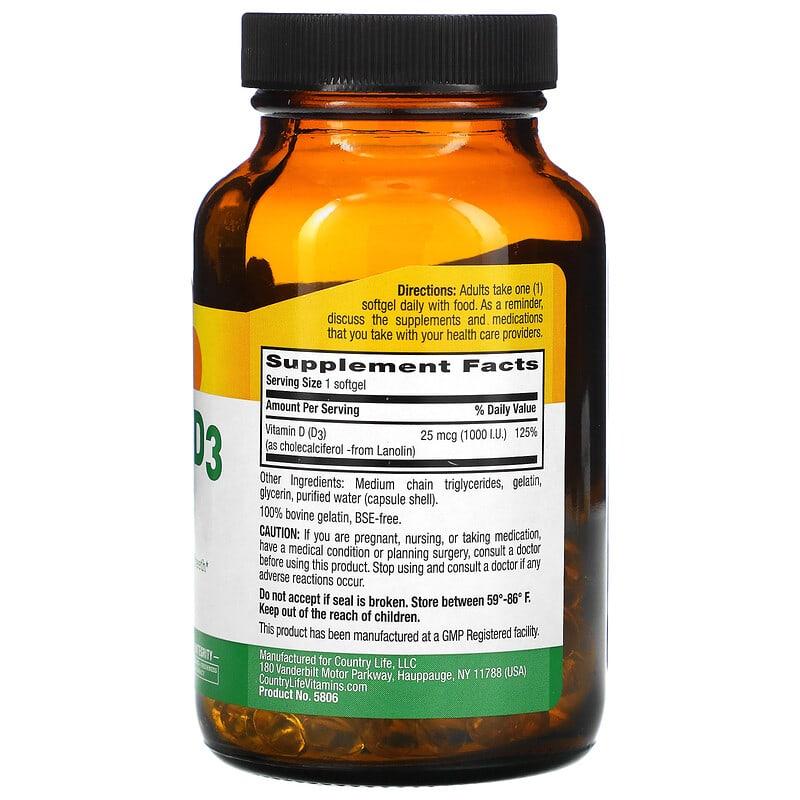 Country Life, Vitamin D3, 25 mcg (1,000 I.U.), 200 Softgels