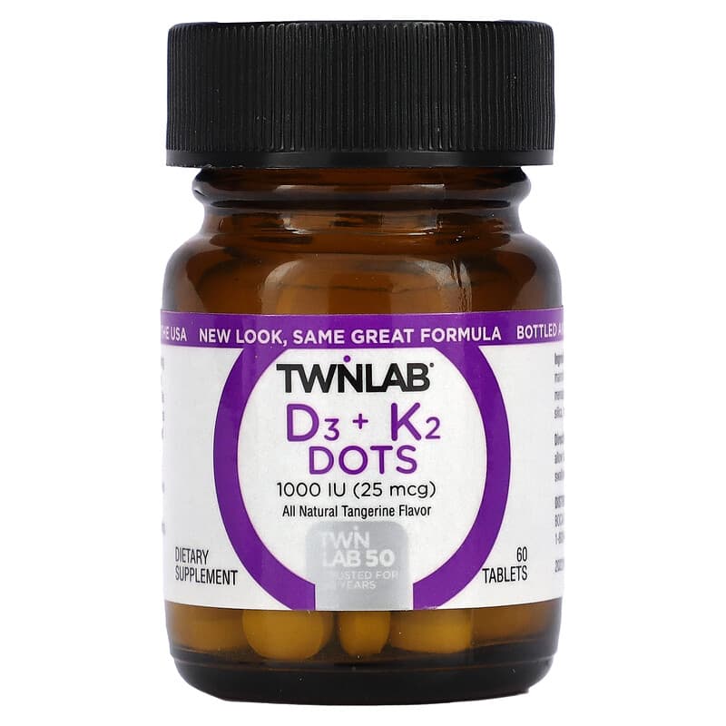 Twinlab, D3 Dots + K2, All-Natural Tangerine, 1000 IU (25 mcg) , 60 Tablets