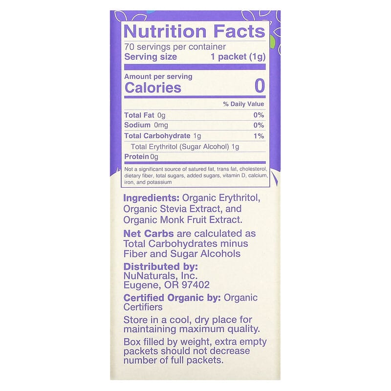 NuNaturals, Organic Sweetener, Stevia and Monk Fruit, 70 Packets, 2.47 oz (70 g)