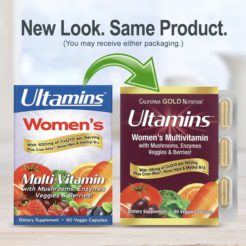 California Gold Nutrition, Ultamins Women's Multivitamin with CoQ10, Mushrooms, Enzymes, Veggies & Berries, 60 Veggie Capsules