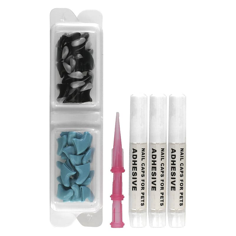 Kitty Caps, Nail Caps Kit, Large, Black with Gray Tips, Baby Blue, 44 Piece Kit