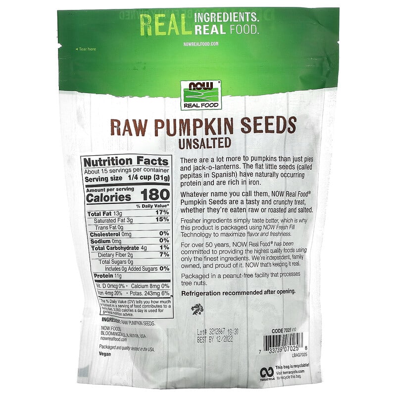 NOW Foods, Real Food, Raw Pumpkin Seeds, Unsalted, 16 oz (454 g)