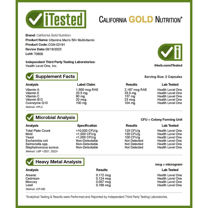 California Gold Nutrition, Ultamins Men's 50+ Multivitamin with CoQ10, Mushrooms, Enzymes, Veggies & Berries, 60 Veggie Capsules