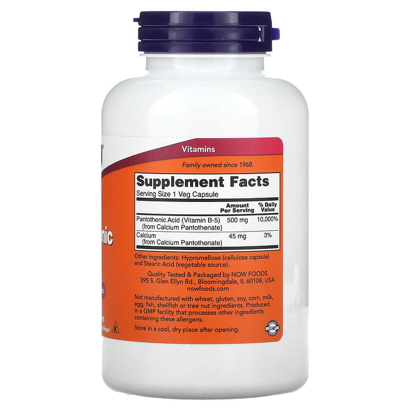 NOW Foods, Pantothenic Acid, 500 mg, 250 Veg Capsules