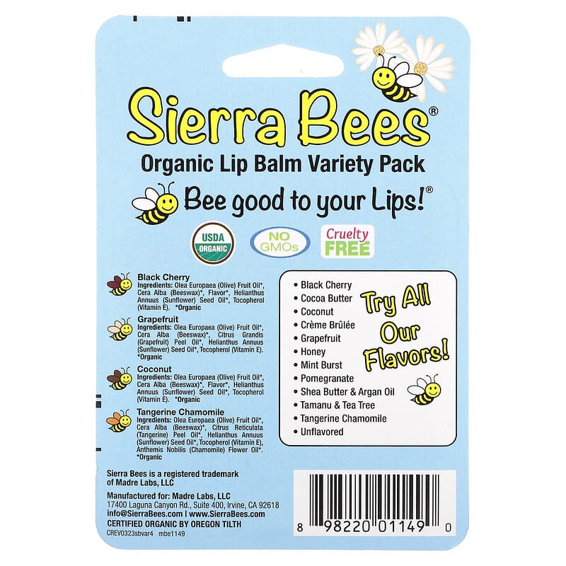 Sierra Bees, Organic Lip Balm Variety Pack, 4 Pack, 0.15 oz (4.25 g) Each