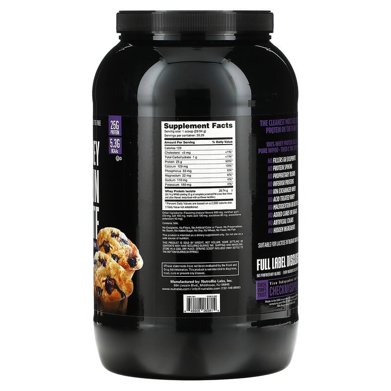 NutraBio, 100% Whey Protein Isolate, Blueberry Muffin, 2 lb (907 g)