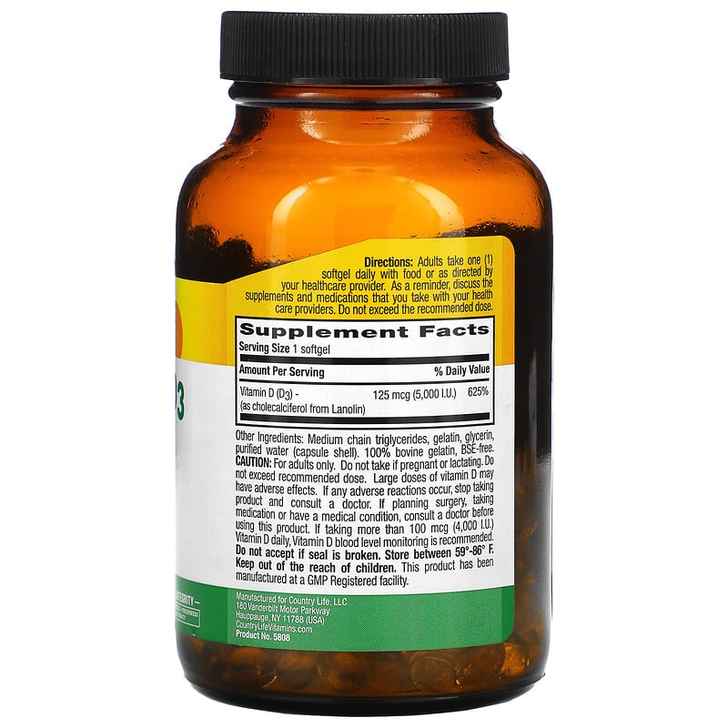 Country Life, Vitamin D3, 125 mcg (5,000 IU), 200 Softgels