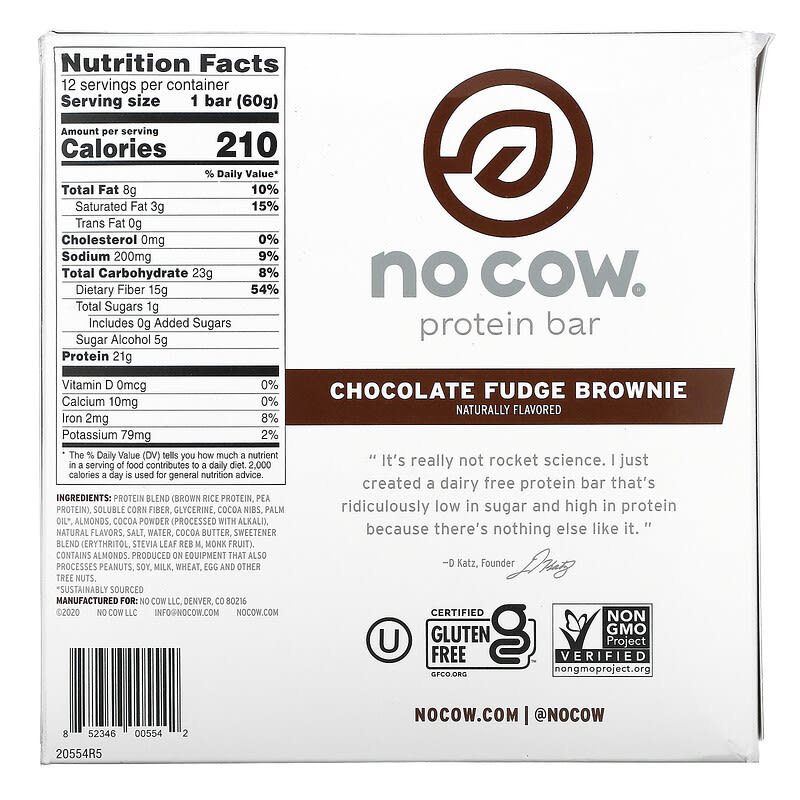 No Cow, Protein Bar, Chocolate Fudge Brownie, 12 Bars, 2.12 oz (60 g) Each