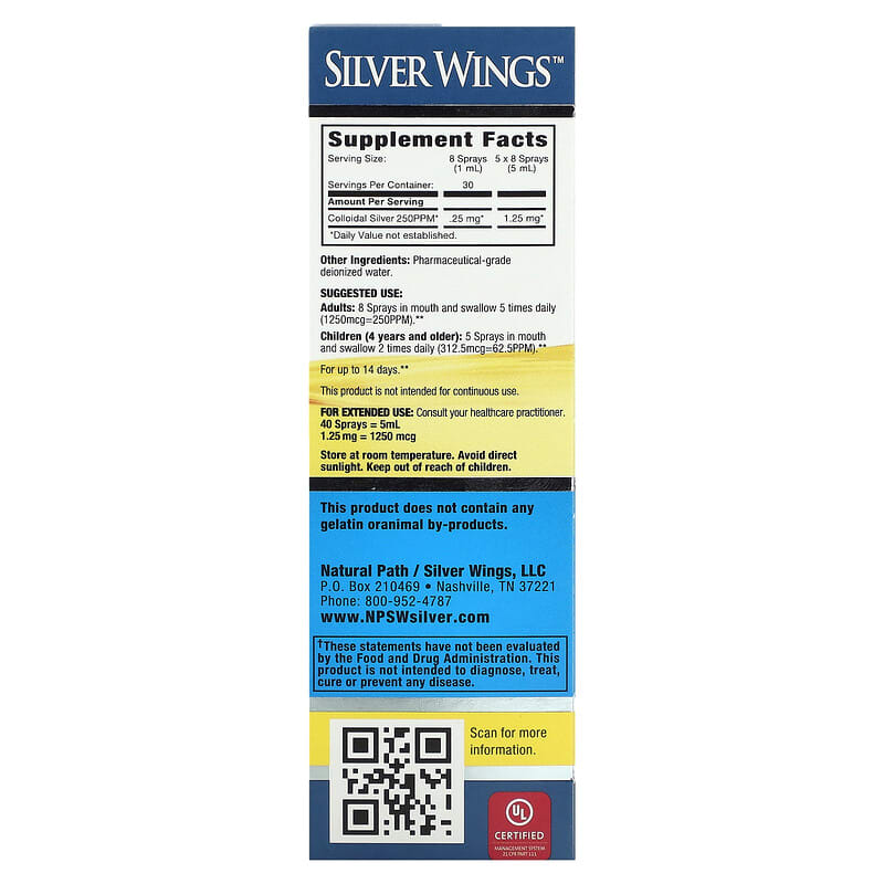 Natural Path Silver Wings, Colloidal Silver Vertical Spray, 250 PPM, 1 fl oz (30 ml)