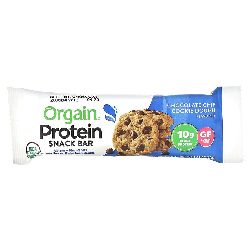 Orgain, Organic Plant-Based Protein Bar, Chocolate Chip Cookie Dough, 12 Bars, 1.41 oz (40 g) Each