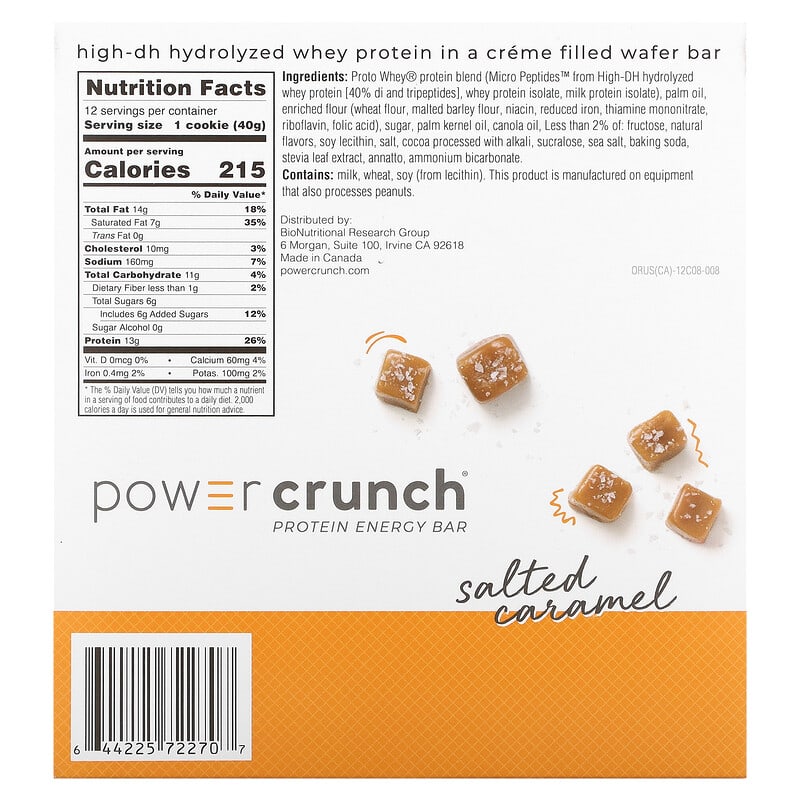 BNRG, Power Crunch Protein Energy Bar, Salted Caramel, 12 Bars, 1.4 oz (40 g) Each