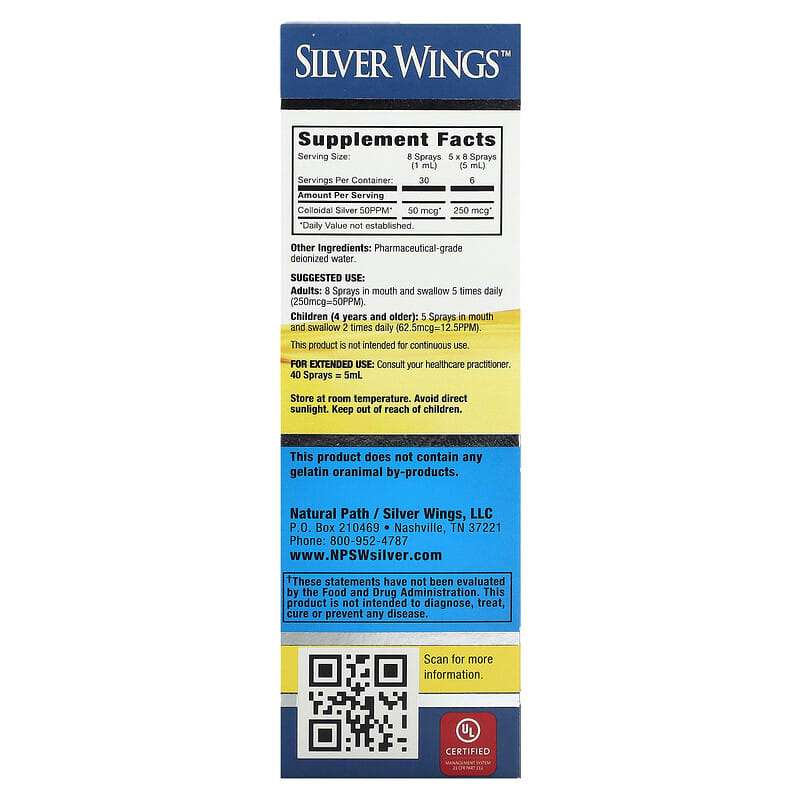 Natural Path Silver Wings, Colloidal Silver Vertical Spray, 50 PPM, 1 fl oz (30 ml)