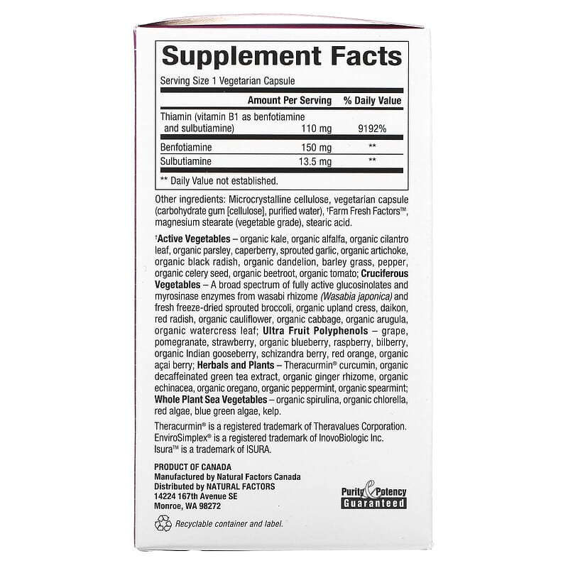 Natural Factors, BioCoenzymated, B1, Benfotiamine Plus Sulbutiamine, 150 mg, 30 Vegetarian Capsules