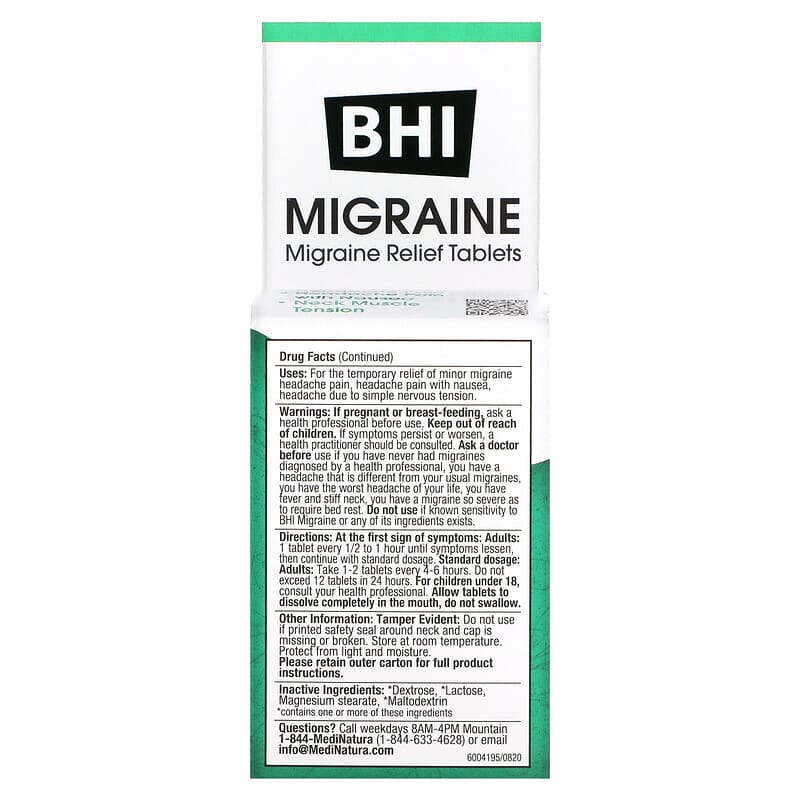 MediNatura, BHI, Migraine Relief, 100 Tablets