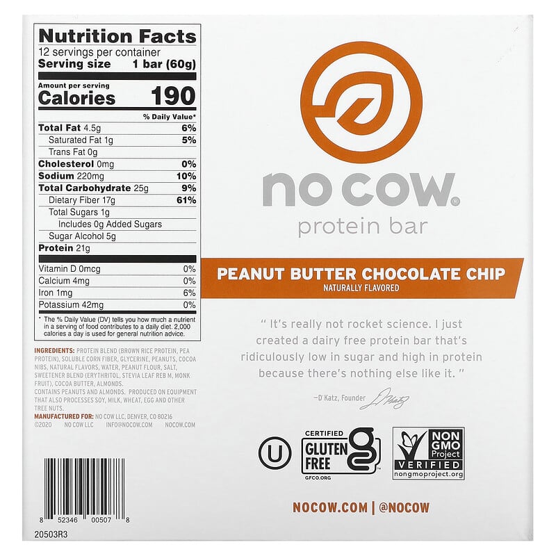 No Cow, Protein Bar, Peanut Butter Chocolate Chip,  12 Bars, 2.12 oz (60 g) Each