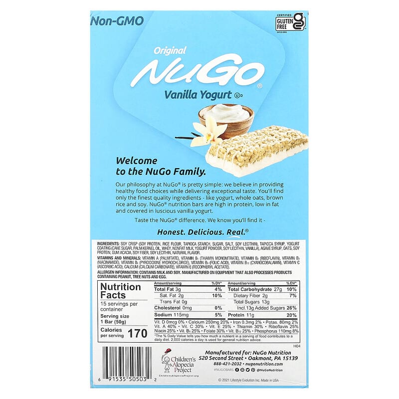 NuGo Nutrition, Original Bar, Vanilla Yogurt, 15 Bars, 1.76 oz (50 g) Each