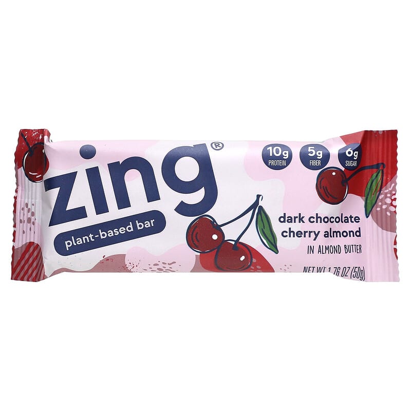 Zing Bars, Plant-Based Bar, Dark Chocolate Cherry Almond In Almond Butter, 12 Bars, 1.76 oz (50 g) Each