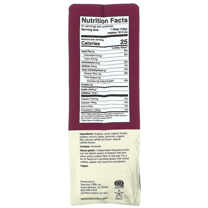 Teeccino, Chicory Herbal Coffee, Vanilla Nut, Medium Roast, Caffeine Free , 11 oz (312 g)