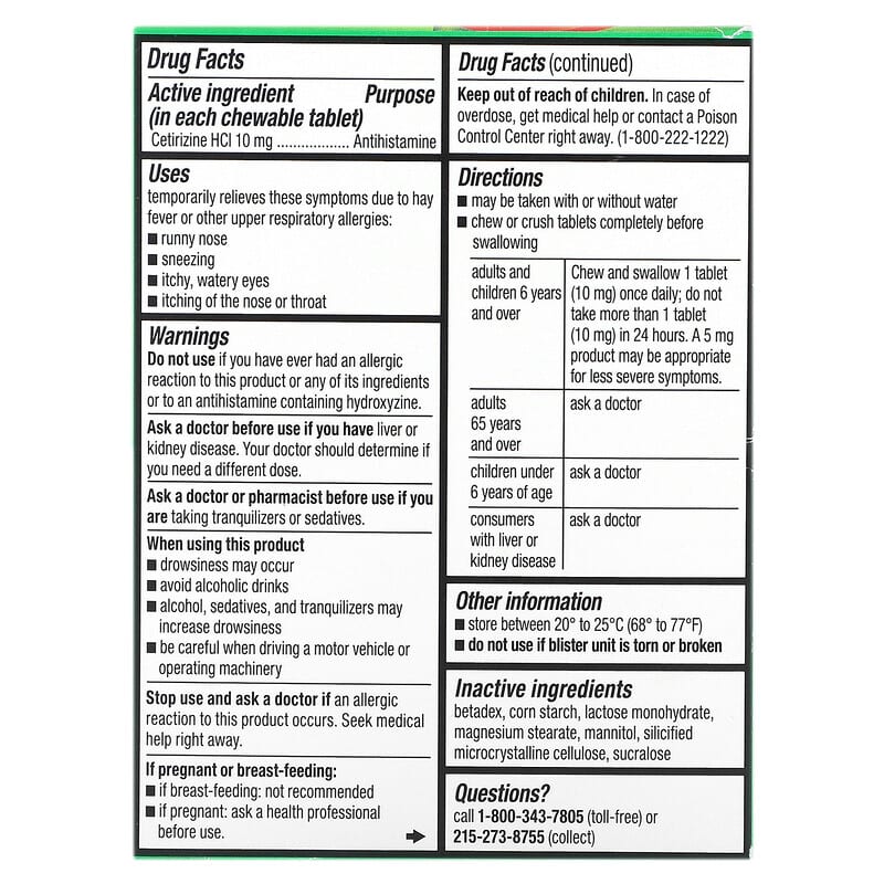 Zyrtec, Allergy, Cetirizine HCl, Dye-Free, 10 mg, 24 Chewable Tablets