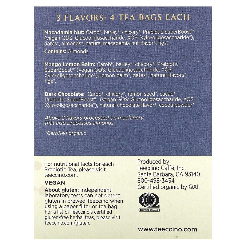 Teeccino, Prebiotic Herbal Tea Sampler, 3 Flavors, Caffeine Free, 12 Tea Bags, 2.54 oz (72 g)