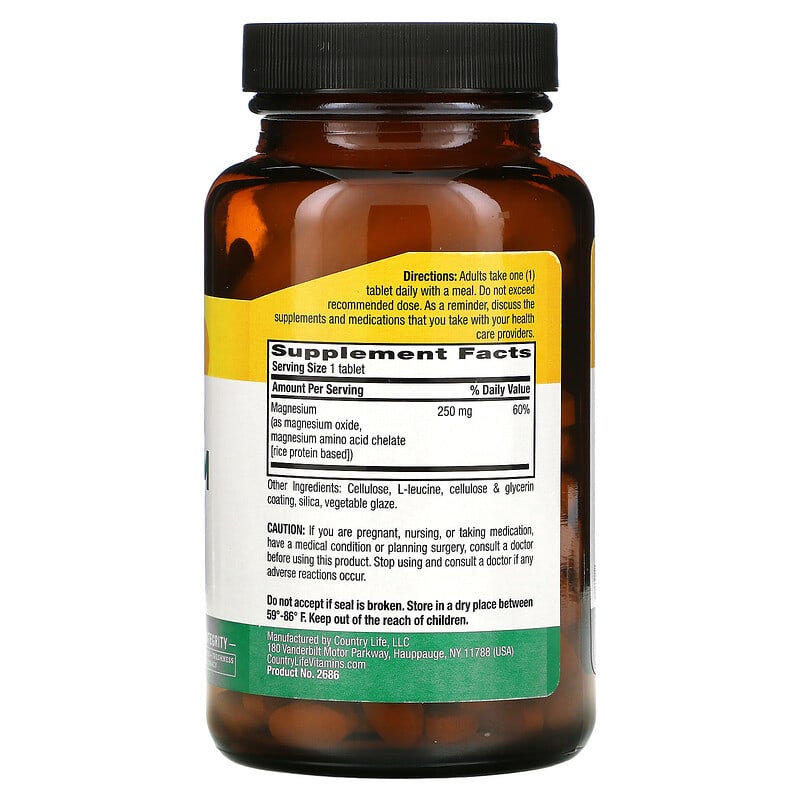 Country Life, Chelated Magnesium, 250 mg, 180 Tablets