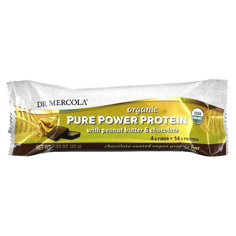 Dr. Mercola, Organic Pure Power Protein Bar, Peanut Butter & Chocolate, 12 Bars, 1.83 oz (52 g) Each