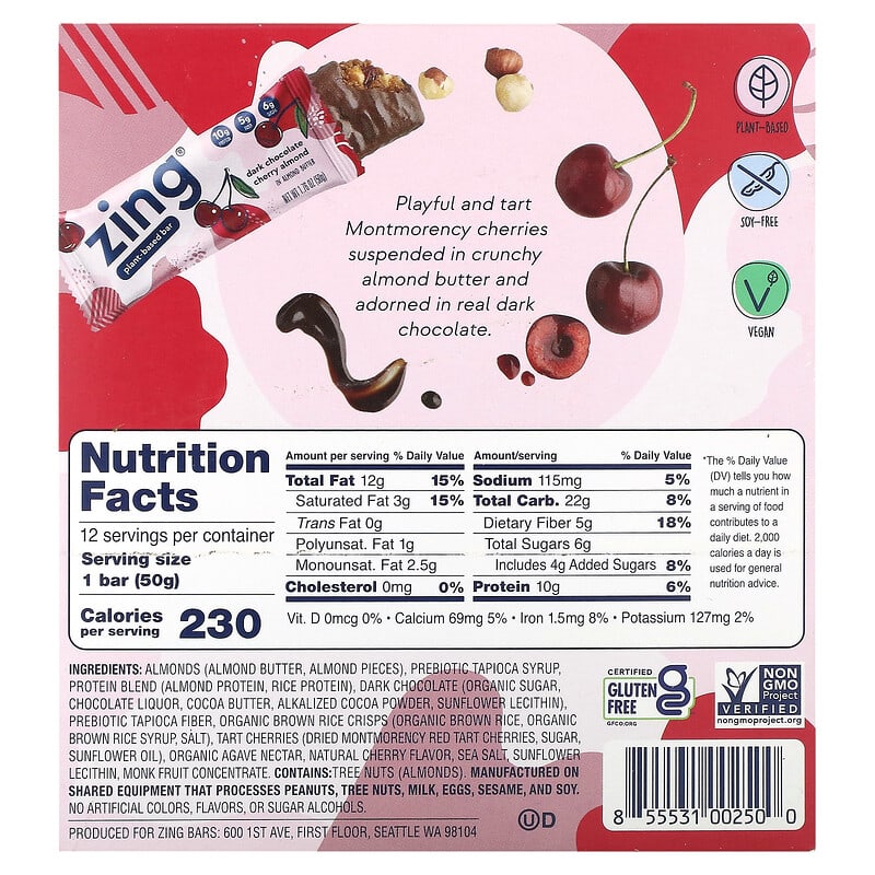 Zing Bars, Plant-Based Bar, Dark Chocolate Cherry Almond In Almond Butter, 12 Bars, 1.76 oz (50 g) Each