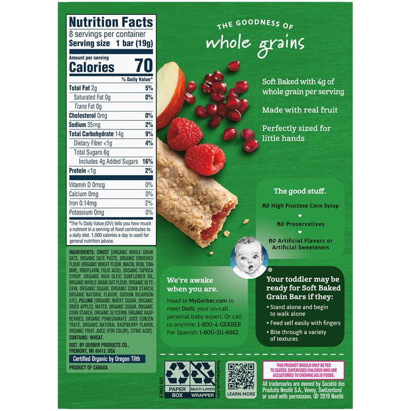 Gerber, Organic, Grain & Grow, Soft Baked Grain Bars, 12+ Months, Raspberry Pomegranate, 8 Individually Wrapped Bars, 0.68 oz (19 g) Each