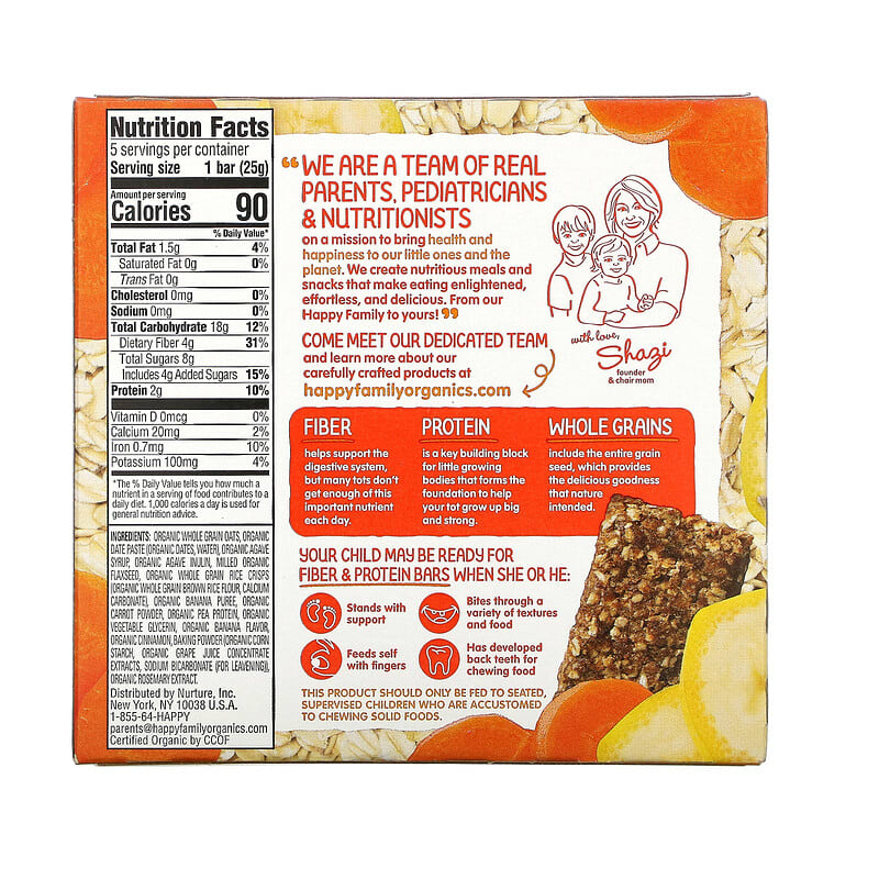 Happy Family Organics, HappyTot, Fiber & Protein Gluten Free Oat Bar, Organic Bananas & Carrots, 5 Bars, 0.88 oz (25 g) Each