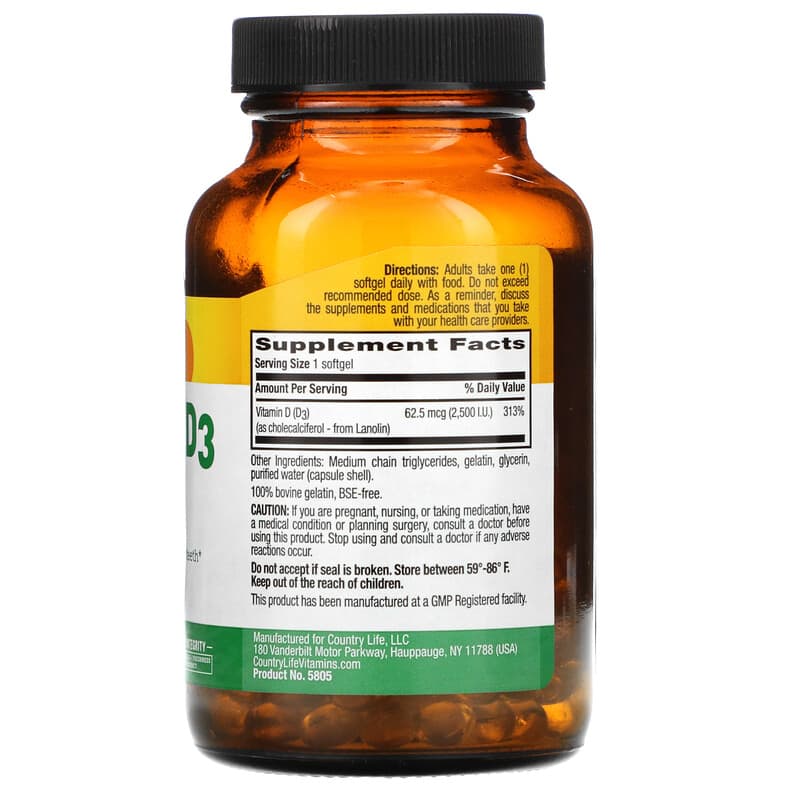 Country Life, Vitamin D3, 62.5 mcg (2,500 I.U.), 200 Softgels