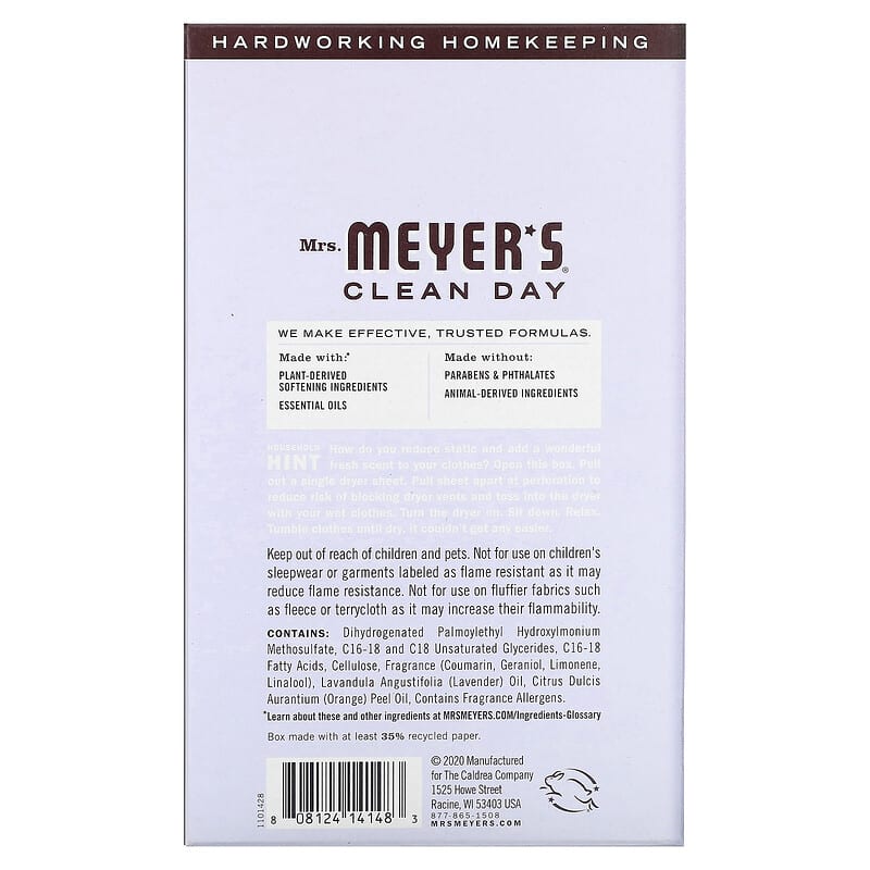 Mrs. Meyers Clean Day, Dryer Sheets, Lavender, 80 Sheets