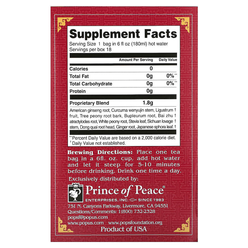 Prince of Peace, Herbal Tea, Menopause, For Women, 18 Tea Bags, 1.14 oz (32.4 g)